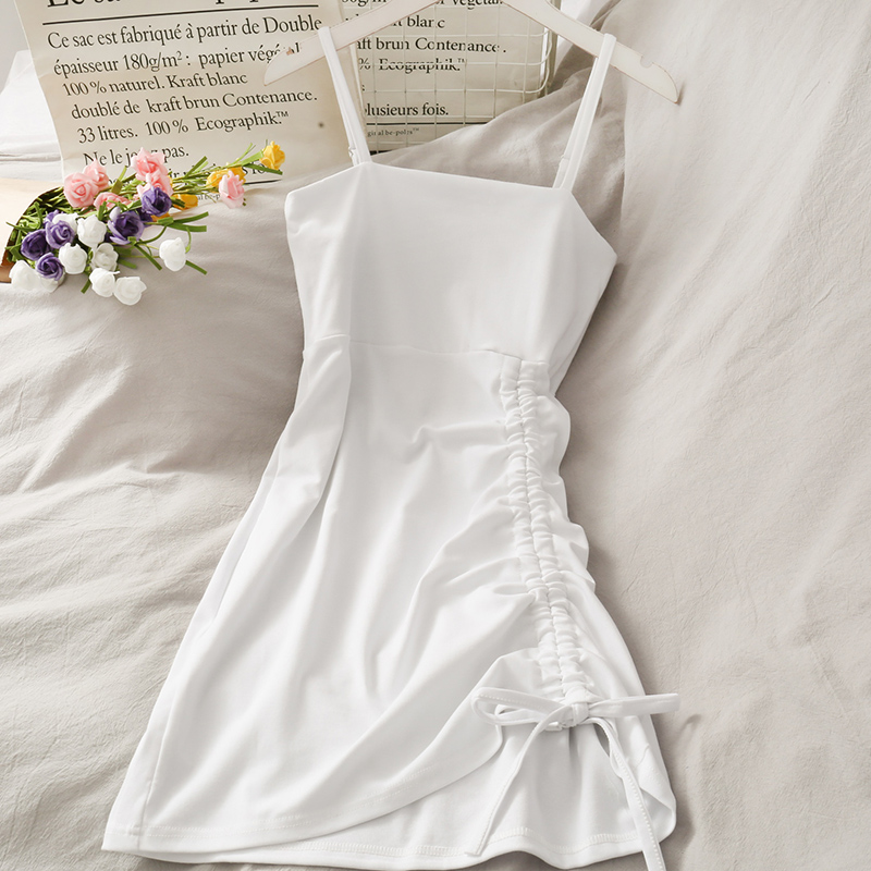 IELGYĐầm Ngắn Hai Dây Rút Dây Màu Đen Trơn Phong Cách Đơn Giản Dành Cho Nữ