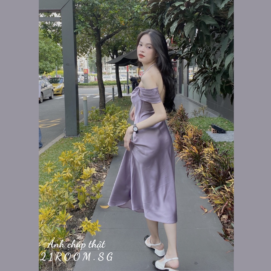L15 [Hình Thật] Đầm Lụa Dự Tiệc Rớt Vai Xếp Li Ngực Siêu Tôn Dáng Sang Trọng Mẫu Độc Quyền