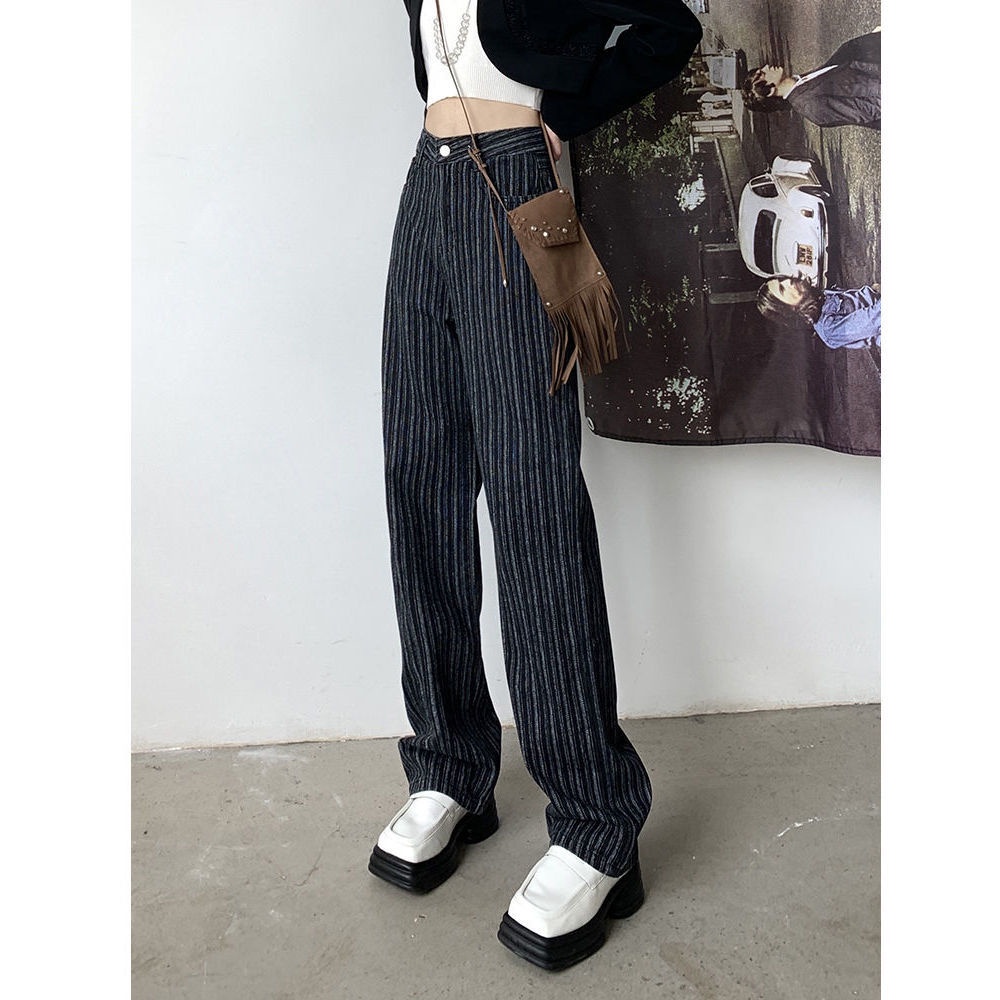 ☏△∏ Quần Jean Ống Rộng Kẻ Sọc Dọc Màu Đen Phong Cách Âu Mỹ Thời Trang Xuân Thu 2022 Cho Nữ
