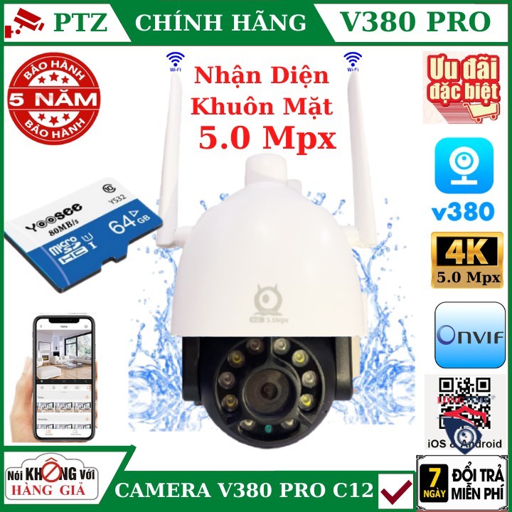 (TẶNG THẺ 64G), Camera - CAMERA WIFI V380 PRO NGOÀI TRỜI 5.0 Mpx PTZ C12 , theo dõi chuyển động , đàm thoại 2 chiều