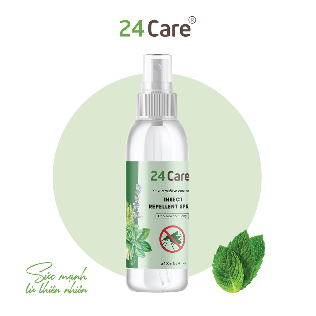 Xịt xua đuổi muỗi và côn trùng 24care 50ml/100ml, an toàn sức khỏe, chiết suất thiên nhiên