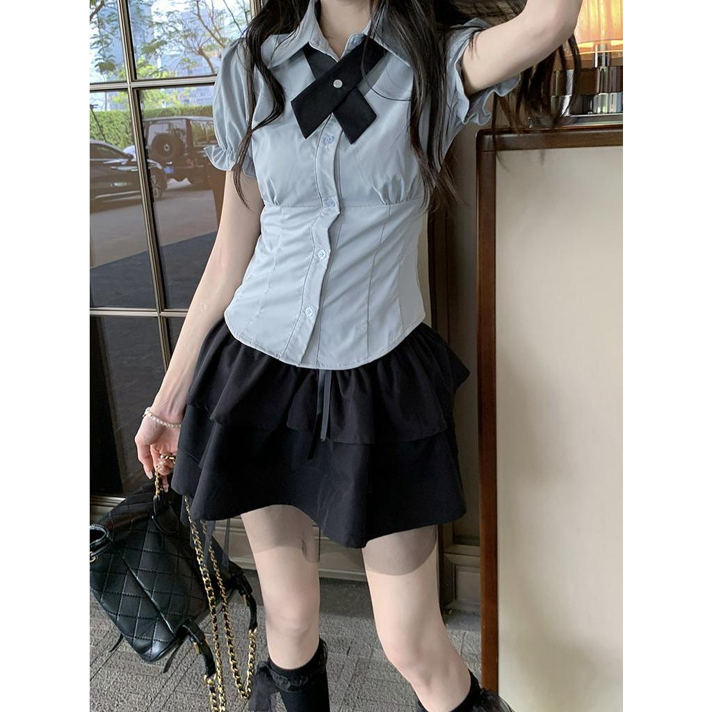 Bộ Đồng Phục Áo Sơ Mi Phối Chân Váy Eo Cao Buộc Dây Kiểu Nhật Bản Thời Trang Mùa Hè 63137