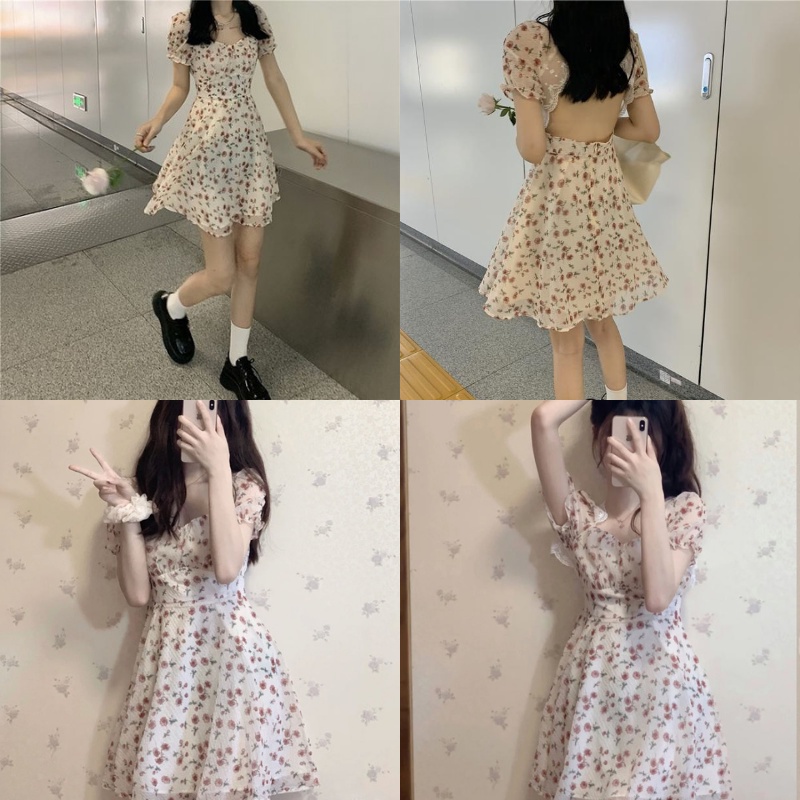 [ảnh thật - Mã Giảm Giá 15K] Đầm Nữ Dự Tiệc, Váy Hoa Nhí Cổ Vuông Tay Bồng Hở Lưng Viền Ren Dáng Ngắn Mẫu Mới 2021 | BigBuy360 - bigbuy360.vn