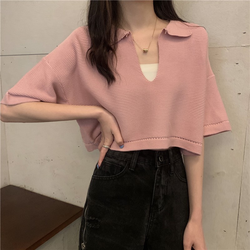 Áo croptop cổ V dáng rộng Leeva Shop phối cá tính A142