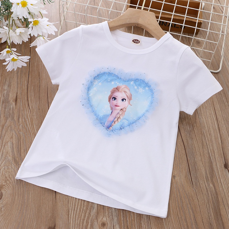 DISNEY Áo Thun Cotton Tay Ngắn Phối Ren Hình Công Chúa Băng Giá Elsa Dành Cho Bé Gái 2022 Mới 1-8 Tuổi