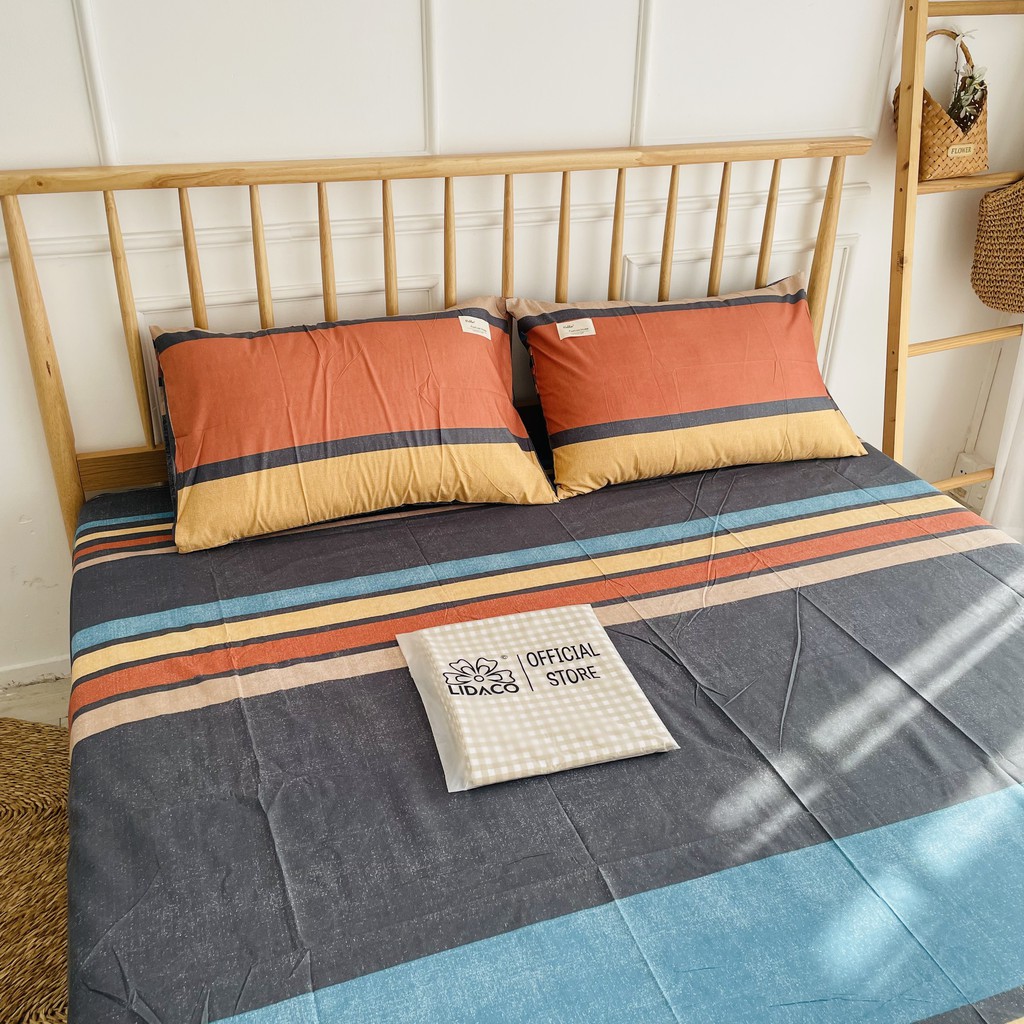 Bộ ga gối cotton tici kẻ Vintage cotton hoạt tính - Kẻ Ngang xanh cam