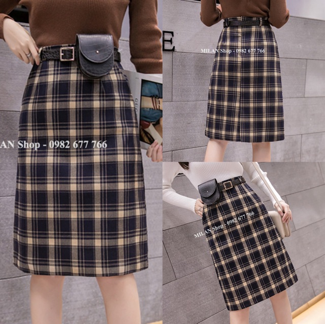 Chân váy dạ kẻ caro có túi kèm đai | BigBuy360 - bigbuy360.vn