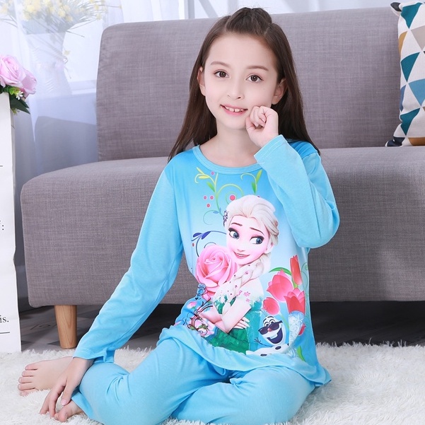 Bộ Đồ Ngủ Tay Dài Cổ Tròn In Hoạt Hình Dành Cho Bé Gái