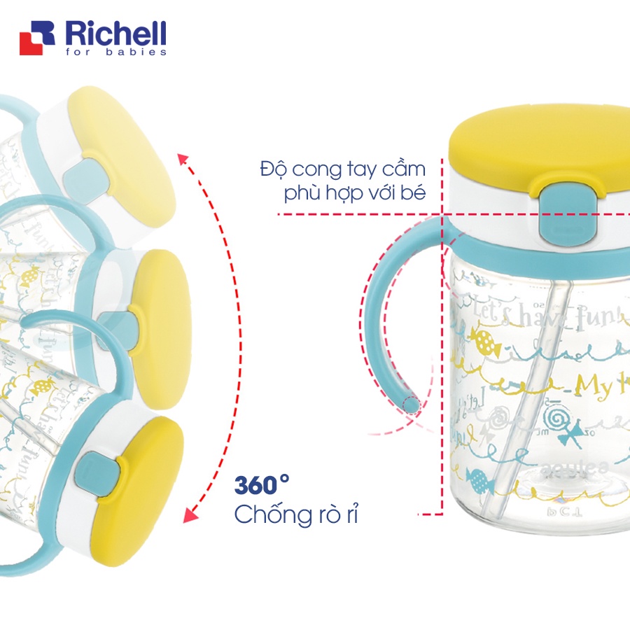 Bình tập uống nước ống hút có tay cầm AQ Richell 200ml nhựa PP cao cấp (Vàng) - RC22015 - binh tap uong nuoc cho be