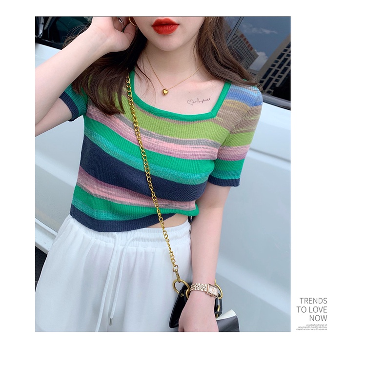Áo Thun Dệt Kim Ngắn Tay Cổ Vuông Họa Tiết Kẻ Sọc Thời Trang Mùa Hè Mới Cho Nữ