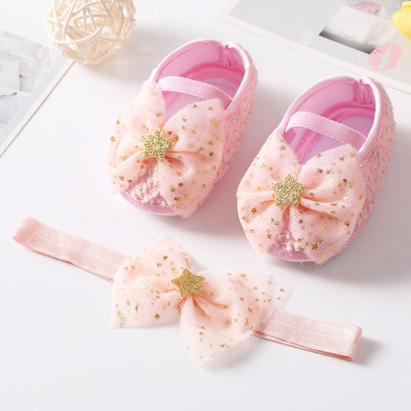 Giày công chúa đế mềm đính nơ và băng đô cho bé gái 0-18 tháng tuổi