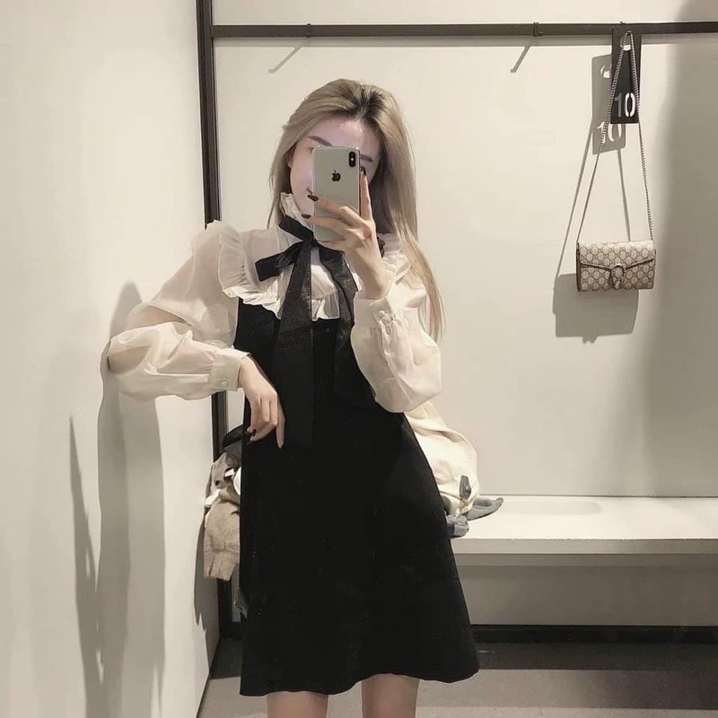 ẢNH THẬT+VIDEO] Váy Cổ Nơ Phối Voan Dáng A Ullzzang Tiểu Thư | BigBuy360 - bigbuy360.vn