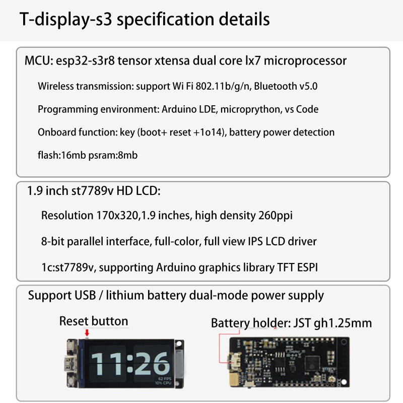 Mô Đun Phát Triển Wifi GODD T-Display-S3 Không Dây Màn Hình LCD BT5 0 ESP32-S3R8 2 Lõi