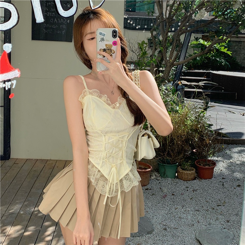 Áo Hai Dây Ngắn Phối Ren Quyến Rũ Thời Trang Mùa Hè Cho Nữ