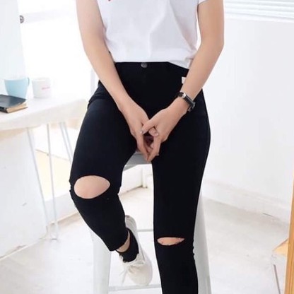 [Bigsize 58-90kg] Quần Skinny Jean Đen Trơn/ Rách Gối, Lưng Cao Trên Rốn, Co Giãn Mạnh