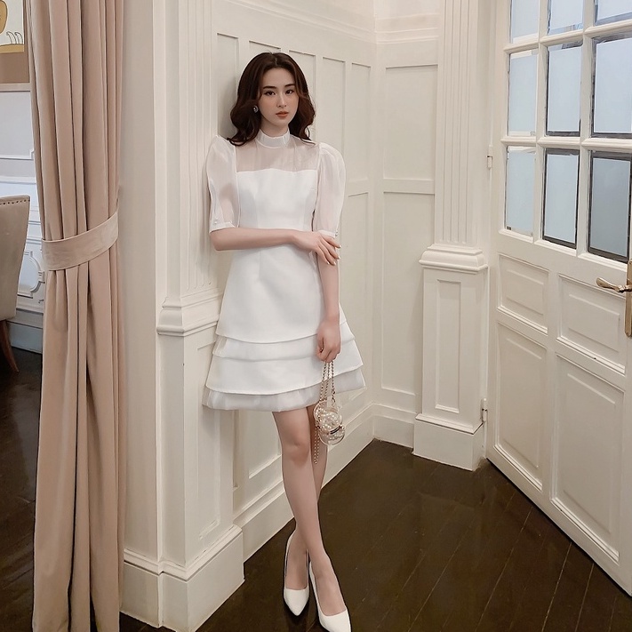 Váy tapta phối tơ oganza thiết kế by LYRA, đầm dáng xòe cách điệu tay bồng colection mới 2021 LYRA-LWTVD387