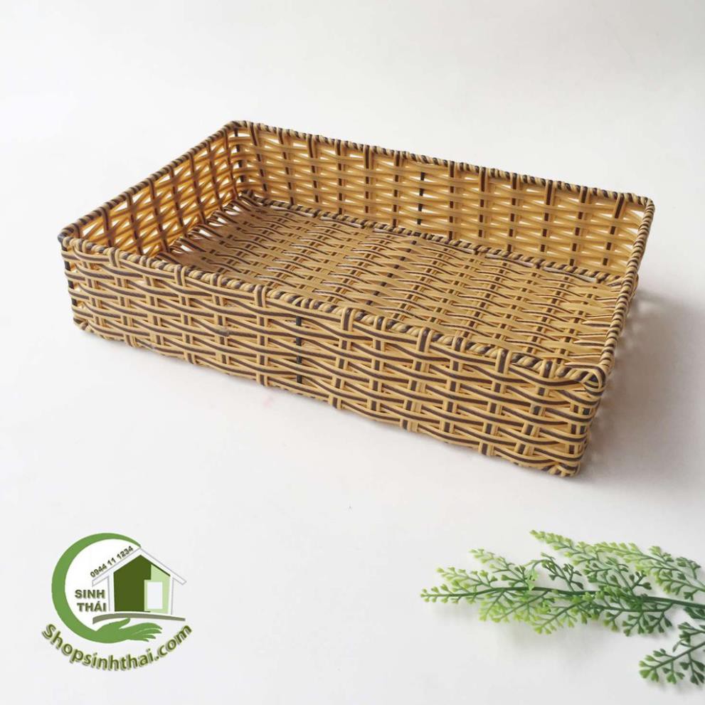 Rổ nhựa mây đan - khay nhựa giả mây hình chữ nhật - rổ lớn 30x20x6cm