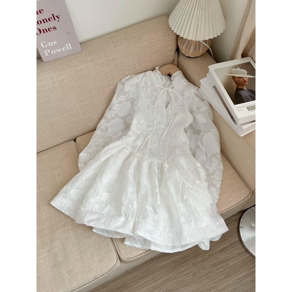 [HÀNG SẴN]VÁY REN HOA TIỂU THƯ TAY BỒNG CHIẾT EO NƠ CỔ “BONNI DRESS”