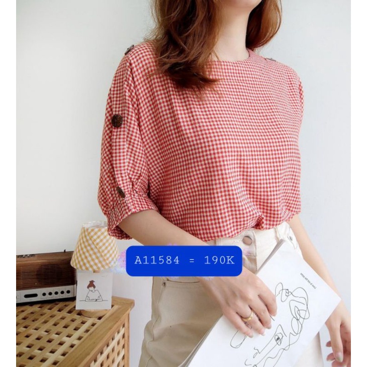 Áo caro tay dơi bo thun cầu vai nút