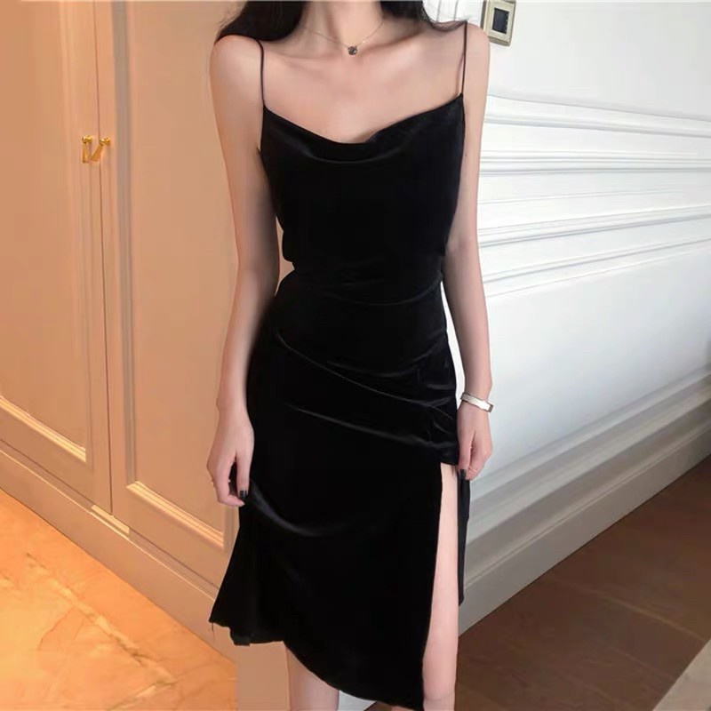 SẴN🖤Đầm dự tiệc 2 dây nhung cao cấp xẻ đùi cổ đổ sexy/Váy maxi ulzzang phối được kiểu basic dài big size - HÀNG MỚI VỀ
