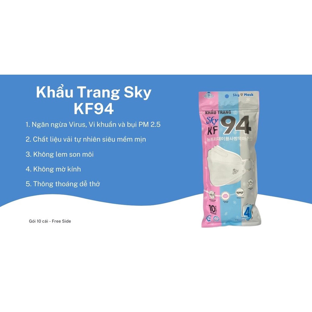 Khẩu trang 4D KF94 Mua 2 giảm 40K Chống bụi mịn và kháng khuẩn Gói 10 cái Thùng 30 gói