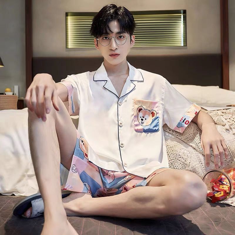 Bộ Đồ Ngủ Vải Lụa Lạnh Mỏng Tay Ngắn Phong Cách Hoạt Hình Dành Cho Nam Thanh Thiếu Niên