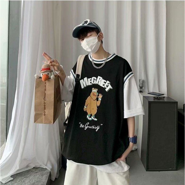Áo Thun Tay Ngắn Giả Hai Lớp Form Rộng In Họa Tiết Hoạt Hình Phong Cách Hip Hop Hàn Quốc Cho Nam