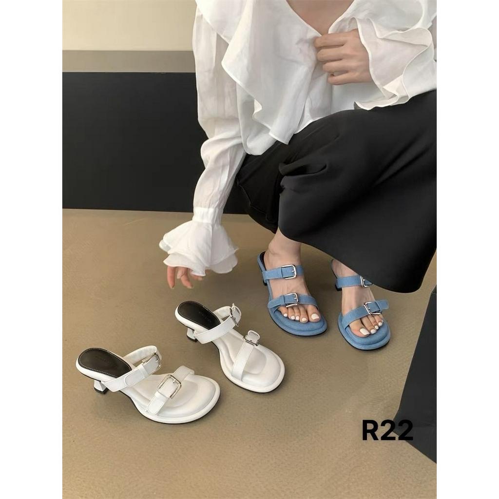 Guốc nữ đế cao gót nhọn 5 phân vải bò xanh Denim 2 khuy cài điều chỉnh Hàng QC R22