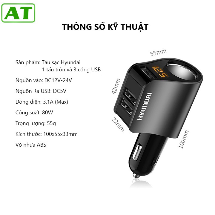 Tẩu Sạc Ô Tô Xe Hơi Hyundai 1 Tẩu Tròn Và 3 Cổng USB Có Đèn Led Báo Điện Áp Ác Quy