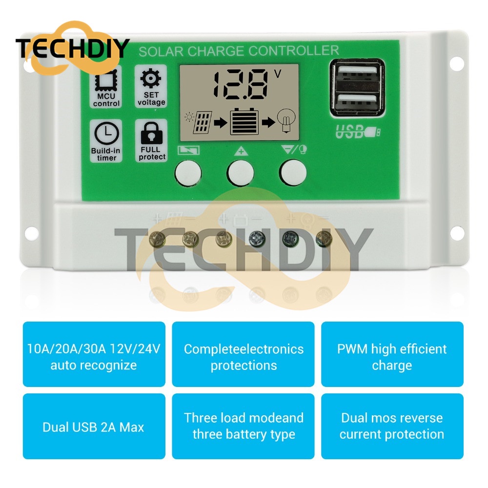 Thiết Bị Điều Khiển Sạc Năng Lượng Mặt Trời 10A 20A 30A 24V 12V Màn Hình LCD
