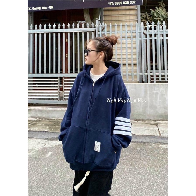 Áo khoác nỉ ngoại sọc tay có nón dây kéo unisex ulzzang nam nữ