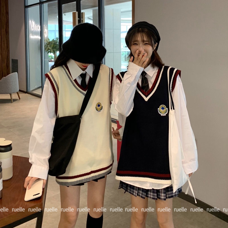 Bộ Áo Sơ Mi Dệt Kim Không Tay+Chân Váy Xinh Xắn Theo Phong Cách Nhật Bản Dành Cho Nữ