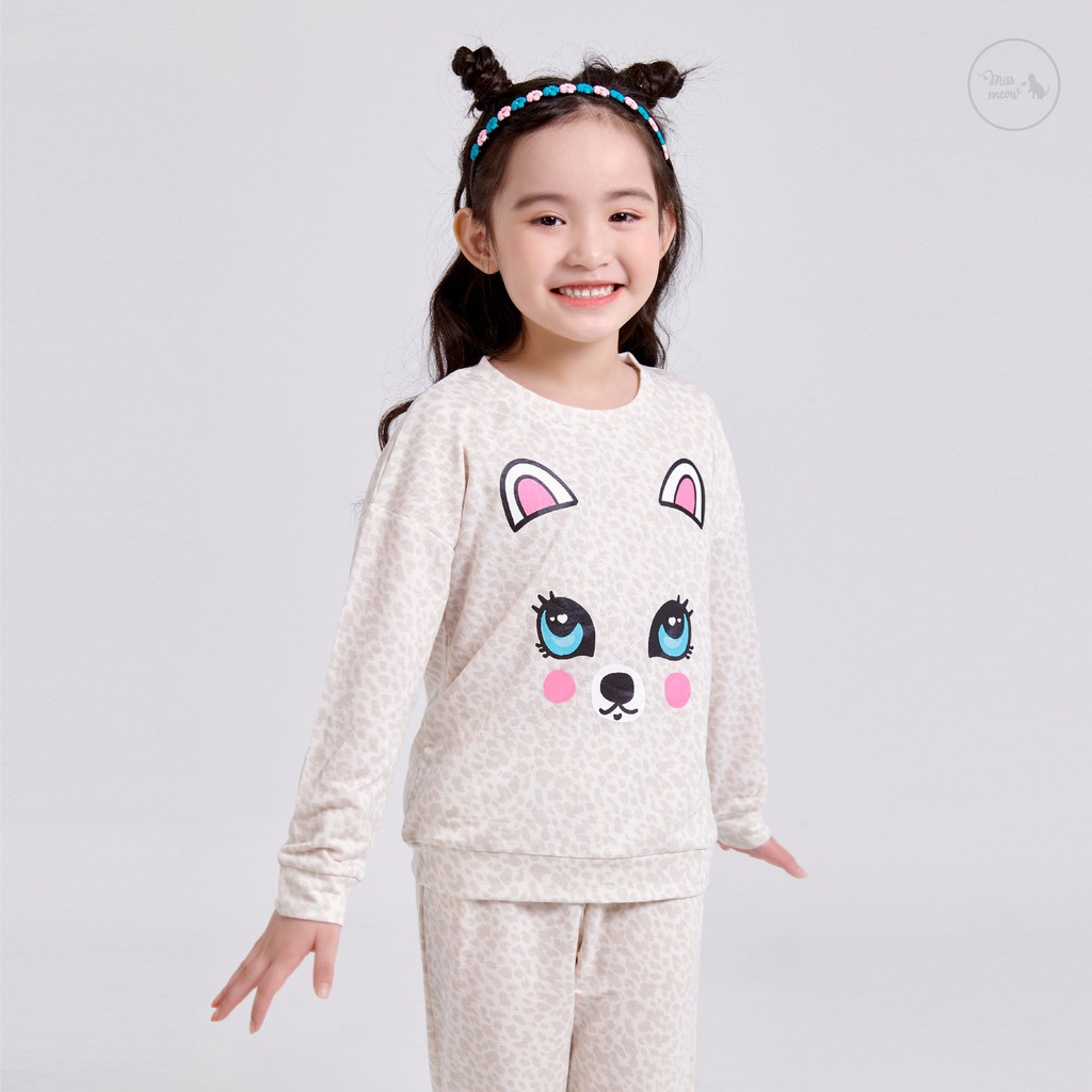 [Made in Vietnam] Bộ bé gái BIGFOX - MISS MEOW thu đông size đại, bộ dài tay cho bé kem đốm in Mèo 3-11 tuổi