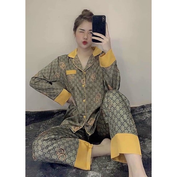 Pijama lụa quảng châu cao cấp gucci thiết kế  áo dài quần dài( ảnh thật) | BigBuy360 - bigbuy360.vn