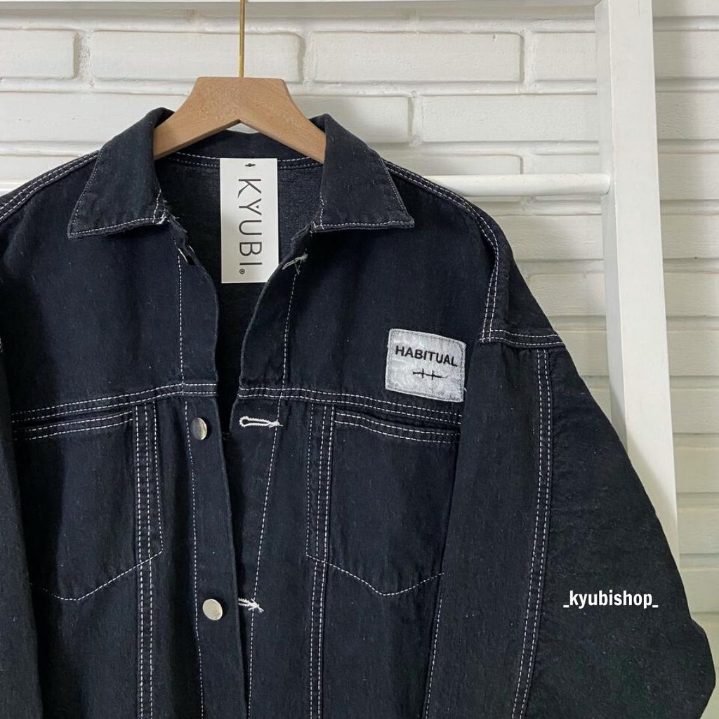 Áo Khoác Jeans ĐEN KYUBI Form Rộng Chỉ nổi QC Có Tag Thêu - Ulzzang Jean Jacket HABIT