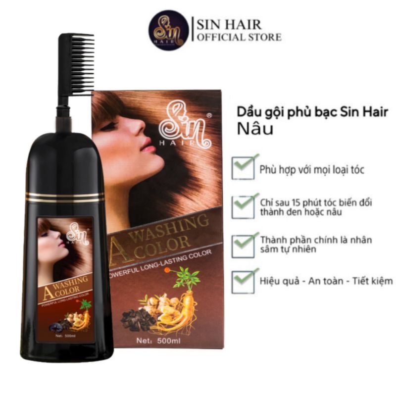Dầu gội phủ bạc SIN HAIR Nhật Bản màu nâu, thành phần nhân sâm tự nhiên giúp đen tóc, nâu tóc từ lần gội đầu tiên.