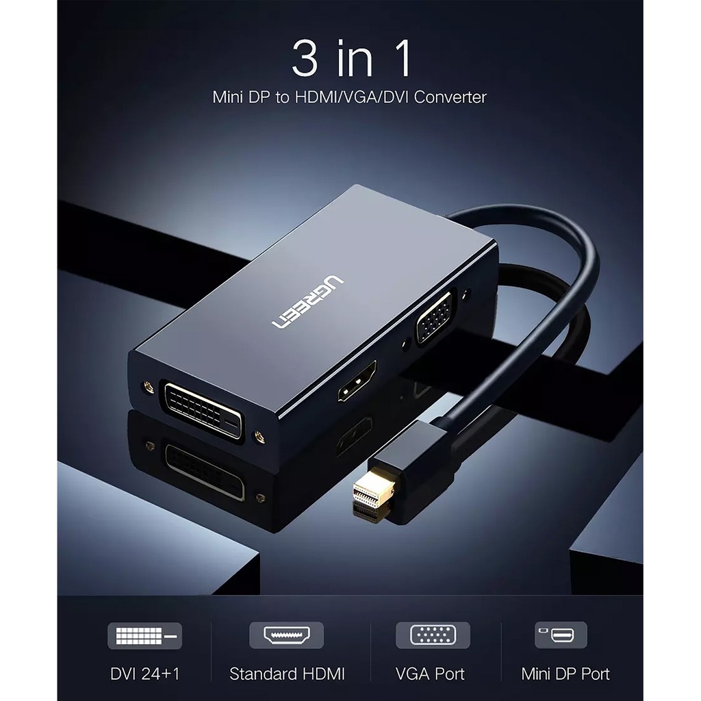 Cáp Mini Displayport (Thunderbolt) to VGA + HDMI + DVI UGREEN 20418 (Màu Đen) - Hàng Chính Hãng