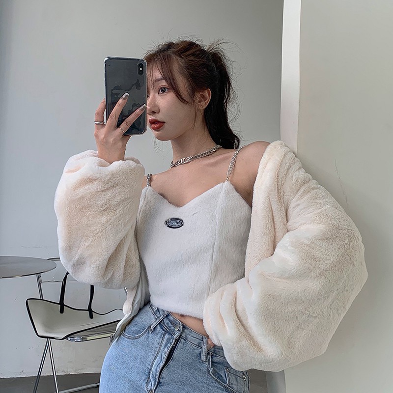 Cocory vn Áo croptop không tay dáng ôm phối lông phong cách quyến rũ cho nữ