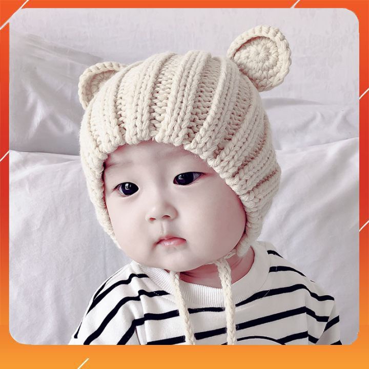 Mũ Len Tai Gấu Cho Bé Trai Bé Gái Có Dây Buộc 6-26 Tháng