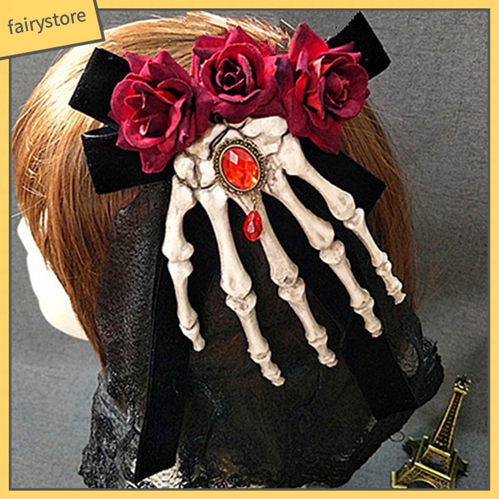 Kẹp Tóc Hình Bàn Tay Xương Hoa Hồng Bằng Vải Chống Trượt Hóa Trang Halloween