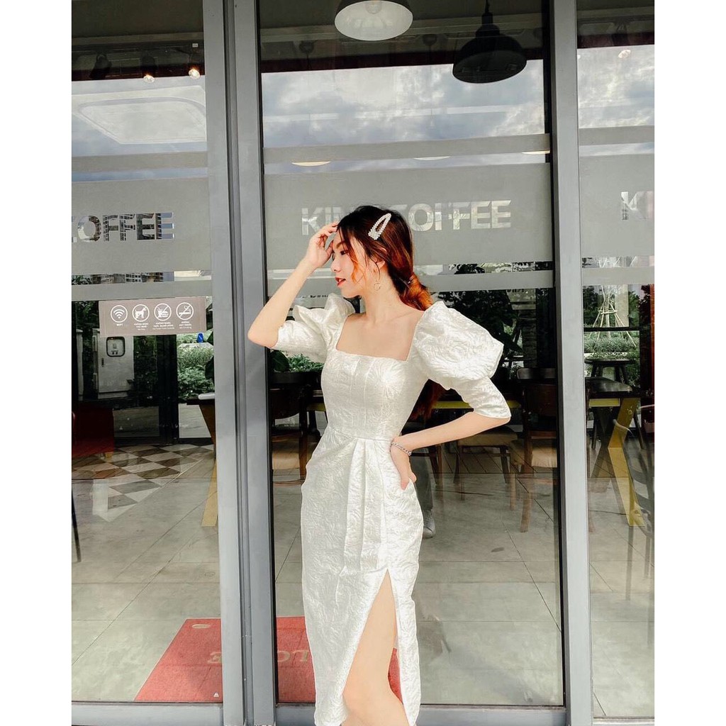Đầm gấm body xẻ tà tay dài - Minie dress | BigBuy360 - bigbuy360.vn