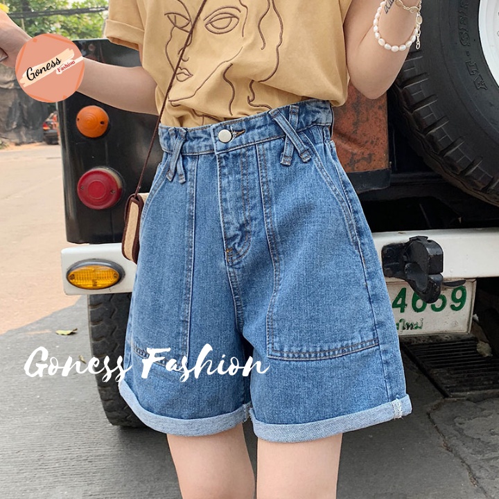 Quần short jeans nữ Goness cạp cao trơn màu xanh denim phong cách Hàn Quốc qs256