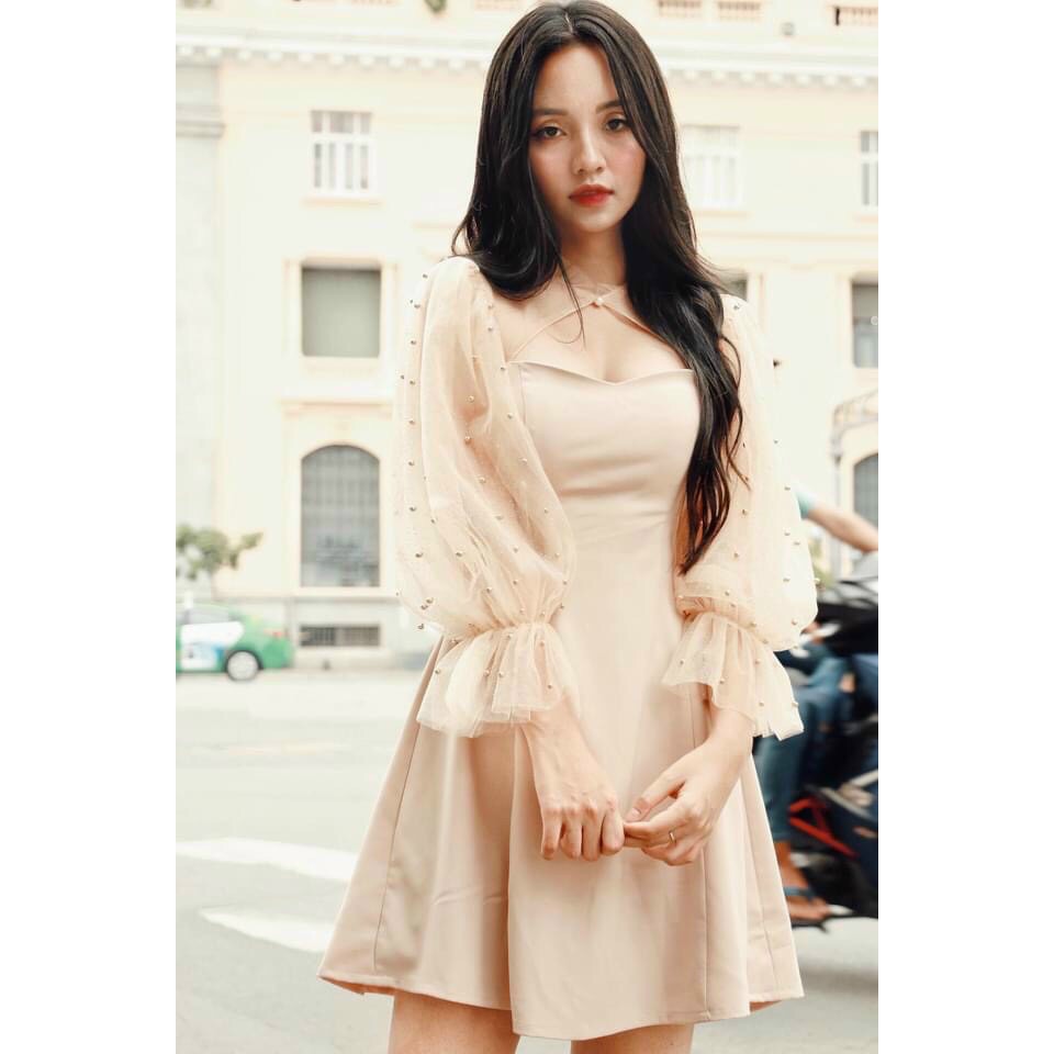 Đầm xòe cổ tàu phối tay lưới bi (có mút ngực)