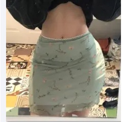 W[]-Women´s Mesh Bodycon Mini Skirt, Vintage Floral Print High Waist Lettuce Trim Short Pencil Skirt