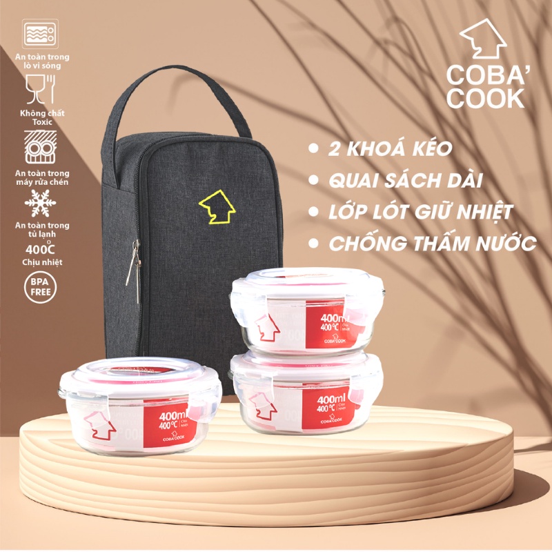 Bộ túi hộp đựng thủy tinh COBA'COOK gồm 3 hộp tròn 400ml và 1 túi giữ nhiệt với- CCR43BL