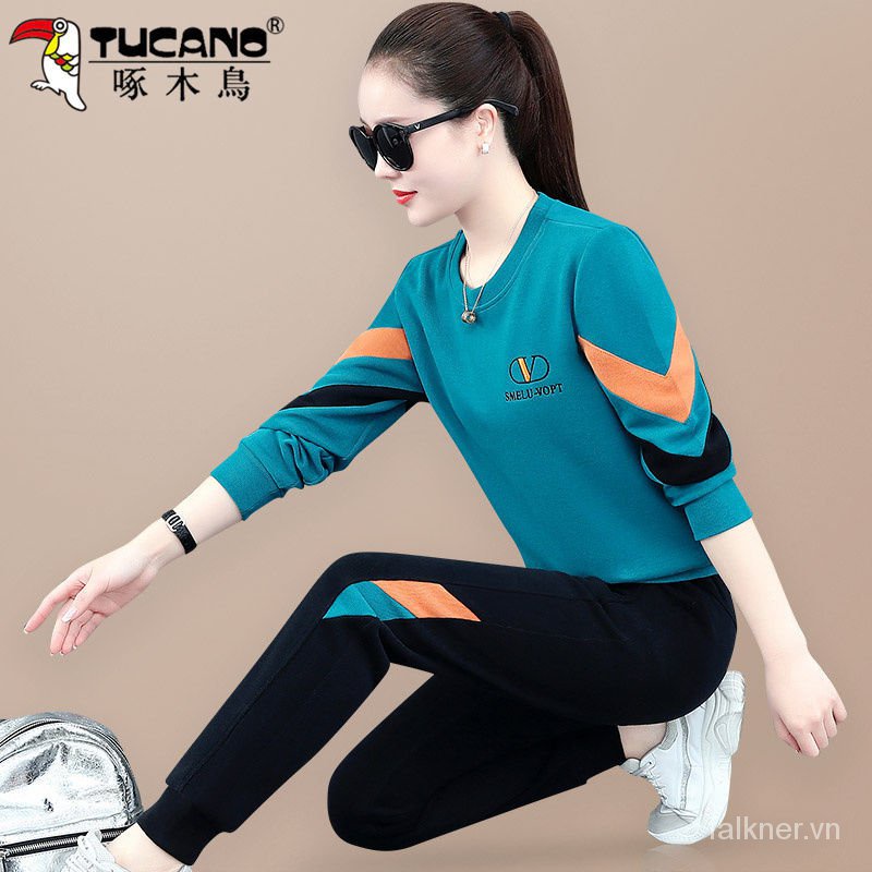 Bộ đồ thể thao hai mảnh áo sweater cotton tay dài thời trang xuân thu cho nữ 2021 size lớn