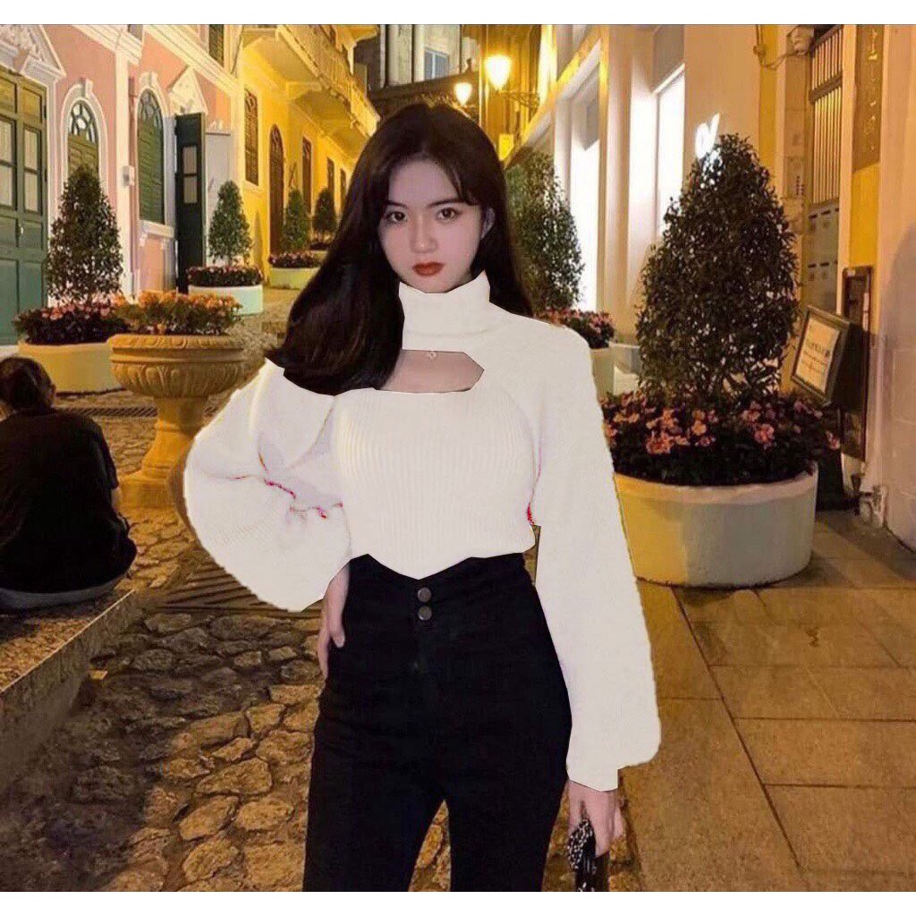 Set áo croptop 2 món tay nữ cao cổ hở eo Wikishop đen trắng freesize thun tăm phom rộng sexy hot trend hàn quốc C702