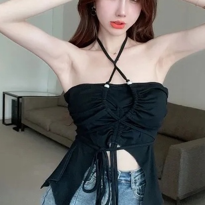 Happy-store ❤️ Áo Hai Dây Rút Hở Lưng Màu Trơn 2022 Thời Trang Cho Nữ