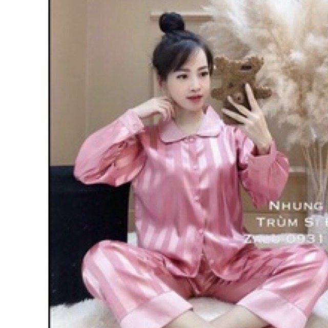 Pizama cổ sen tay dài gấm sọc siêu sang (45-60kg)