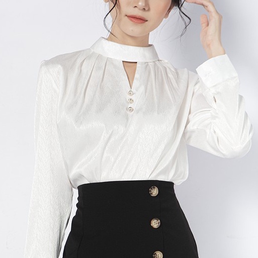 Áo sơ mi nữ lụa vân Pháp GINDY cổ tròn cách điệu tay dài dáng suông trơn trắng thời trang xuân hè công sở A7111